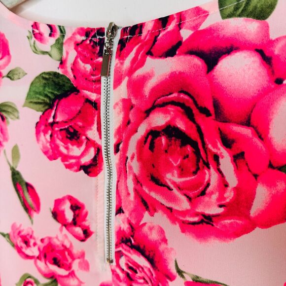 May & July Hot Pink and Green Floral Rose Short Sleeve Peplum Crop Blouse S - Picture 5 of 11